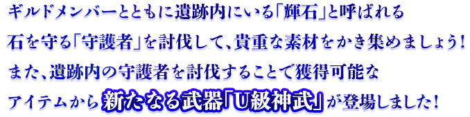 ギルドメンバーとともに遺跡内にいる「輝石」と呼ばれる石を守る「守護者」を討伐して、貴重な素材をかき集めましょう！また、遺跡内の守護者を討伐することで獲得可能なアイテムから新たなる武器「U級神武」が登場しました！