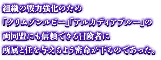 組織の戦力強化のため「クリムゾンルビー」「アルカディアブルー」の両同盟にも信頼できる冒険者に所属と任を与えるよう密命が下るのであった。