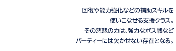 回復や能力強化などの補助スキルを使いこなせる支援クラス。その慈悲の力は、強力なボス戦などパーティーには欠かせない存在となる。