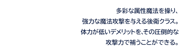 多彩な属性魔法を操り、強力な魔法攻撃を与える後衛クラス。体力が低いデメリットを、その圧倒的な攻撃力で補うことができる。