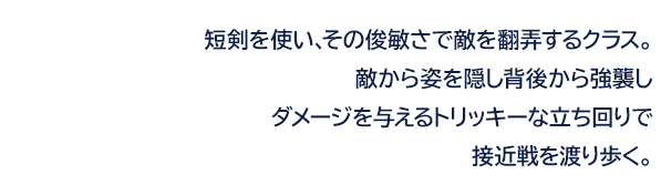 短剣を使い、その俊敏さで敵を翻弄するクラス。敵から姿を隠し背後から強襲しダメージを与えるトリッキーな立ち回りで接近戦を渡り歩く。