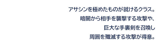 アサシンを極めたものが就けるクラス。暗闇から相手を襲撃する攻撃や、巨大な手裏剣を召喚し周囲を殲滅する攻撃が得意。